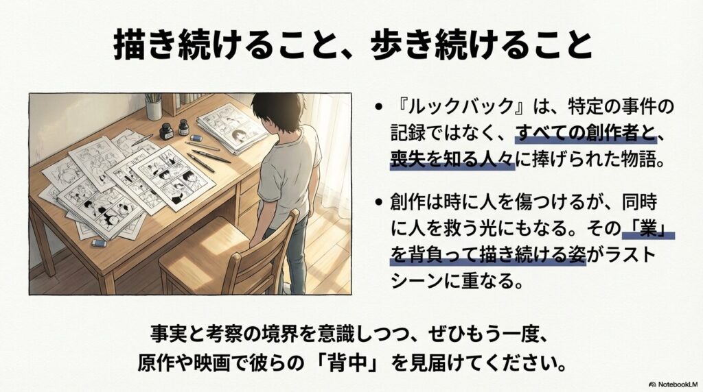 本作がすべての創作者と喪失を知る人々に捧げられた物語であり、創作という「業」を背負って描き続ける姿を象徴するラストシーンを解説したまとめスライド。
