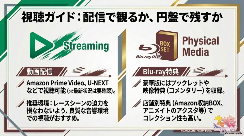 Amazon Prime VideoやU-NEXTなどの配信情報と、Blu-rayの豪華特典（ブックレット、店舗別特典など）を案内する視聴ガイドスライド。