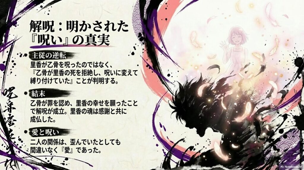 里香が呪ったのではなく乙骨が縛り付けていたという真相と、その後の解呪・成仏を説明するスライド。