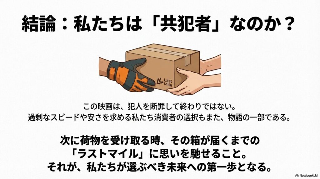 荷物を受け取る手元のイラスト。「消費者の選択も物語の一部」という問いかけと、ラストマイルに思いを馳せる大切さのメッセージ。