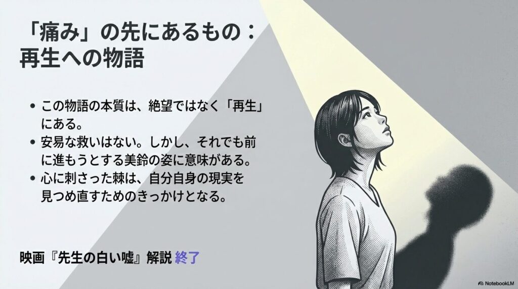 上を見上げる女性の横顔のイラスト。物語の本質が絶望ではなく「再生」にあり、安易な救いはなくとも前へ進もうとする美鈴の姿が、現実を見つめ直すきっかけになると伝える結びのスライド 。