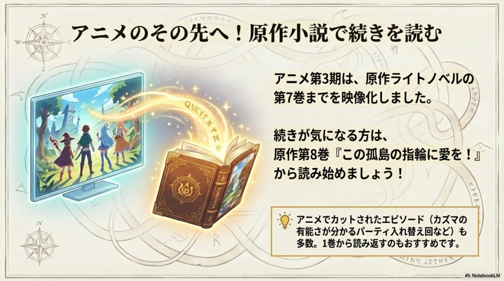 「アニメのその先へ！原作小説で続きを読む」というタイトルで、第3期は原作7巻までであること、続きは8巻からであることを示し、カットされたエピソードを含む1巻からの読み直しも推奨しているスライド