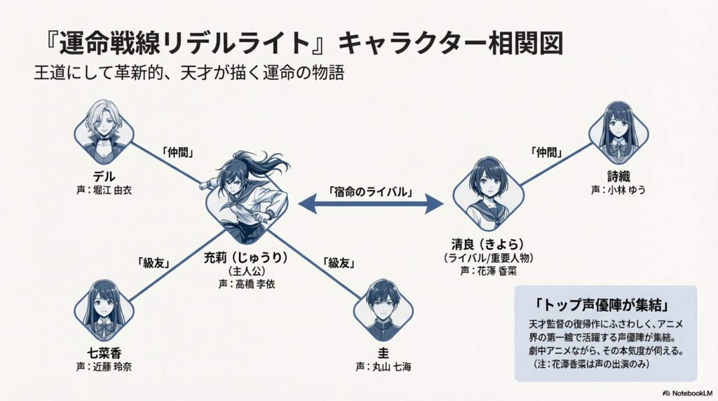 劇中アニメ『リデル』のキャラクター相関図と、高橋李依さん、花澤香菜さんらトップ声優陣が集結していることを解説したスライド。
