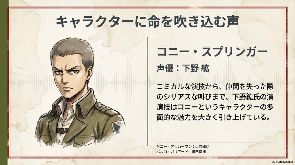 コニー役の下野紘氏、ケニー役の山路和弘氏、ポルコ役の増田俊樹氏の配役紹介スライド