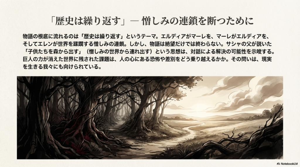 鬱蒼とした森から光の差す平原へと続く道を描いた、物語のテーマを象徴する風景画像。