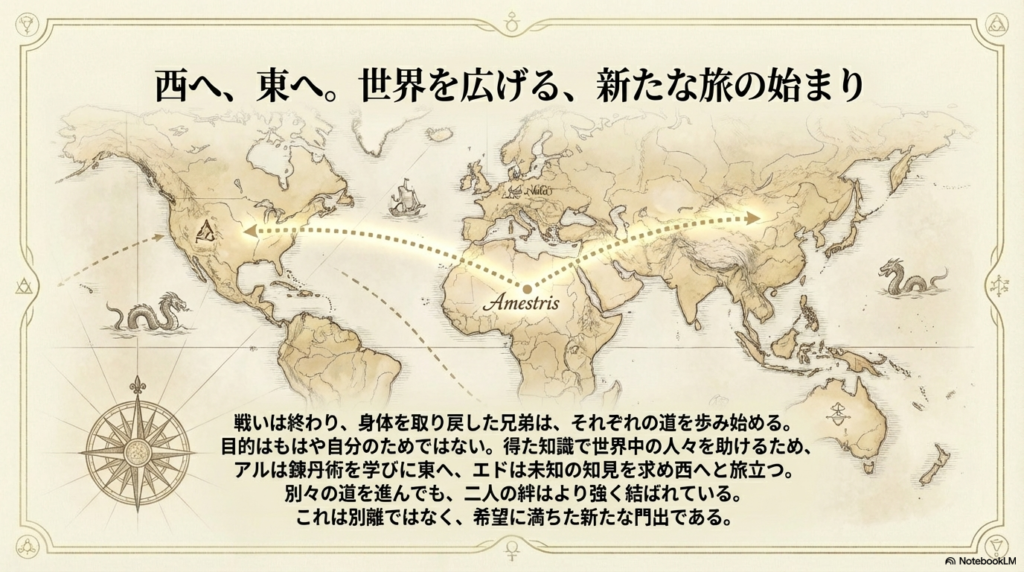羅針盤を背景に、世界を広げるために別々の道へ旅立つ兄弟の象徴