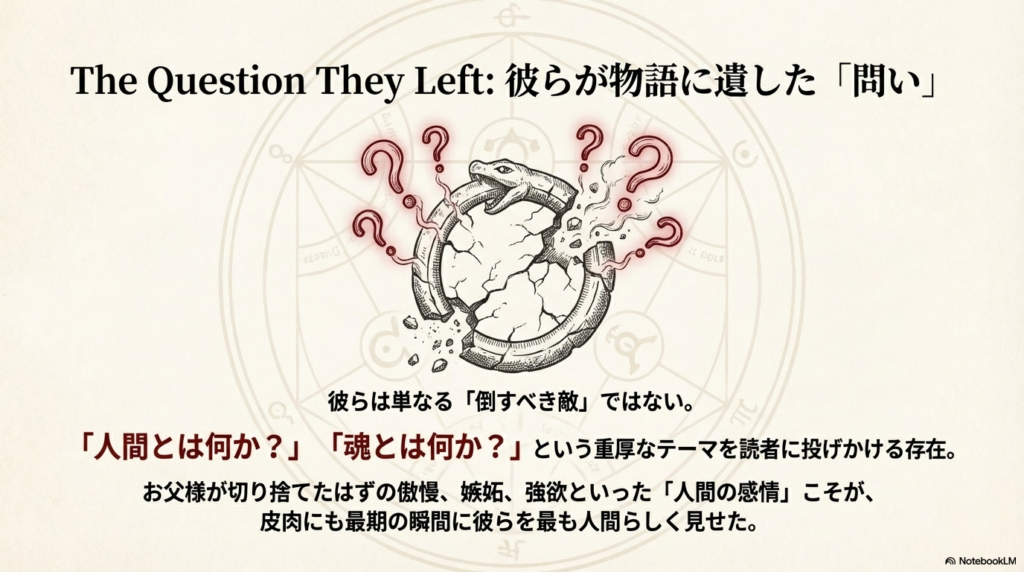 ひび割れたウロボロスの紋章とともに、「人間とは何か？」「魂とは何か？」という物語のテーマを振り返るイメージ図。