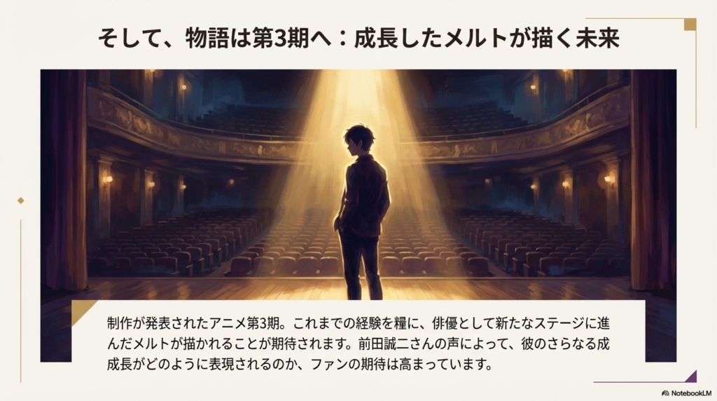 記事のまとめ。緻密な物語構成、声優の熱演、普遍的なテーマの3点が融合してメルトの魅力が生まれていることを示すインフォグラフィック