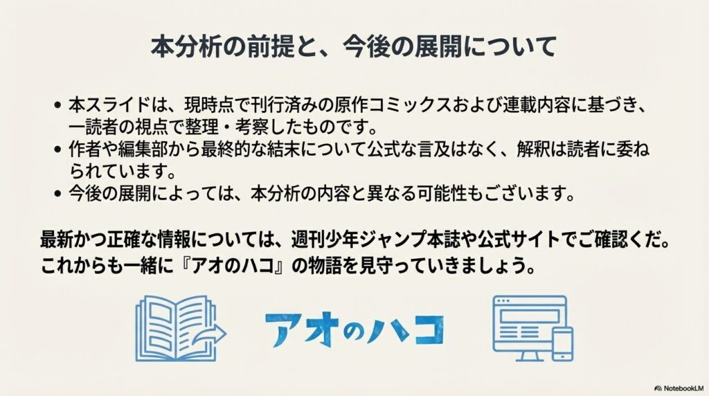 本分析は読者視点の考察であり公式ではないこと、最新情報はジャンプ本誌等で確認することを促す注意書き。