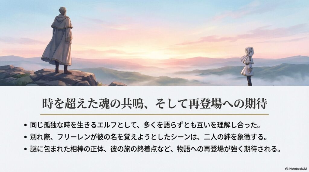 フリーレンとクラフトが互いを理解し合った絆と、今後の再登場への期待を込めたメッセージ。