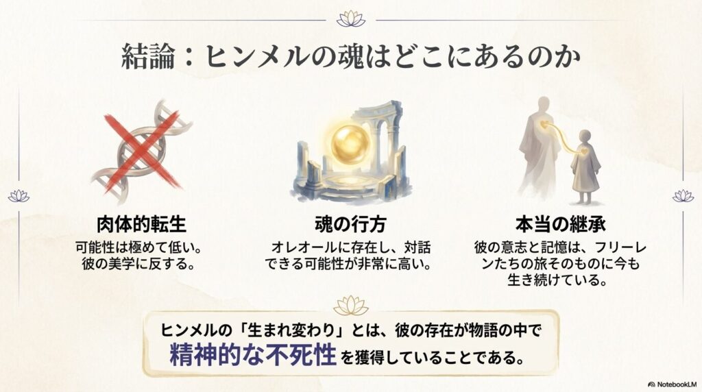 肉体的転生の可能性、魂の行方、本当の継承について、本記事の考察を一覧表でまとめた結論スライド