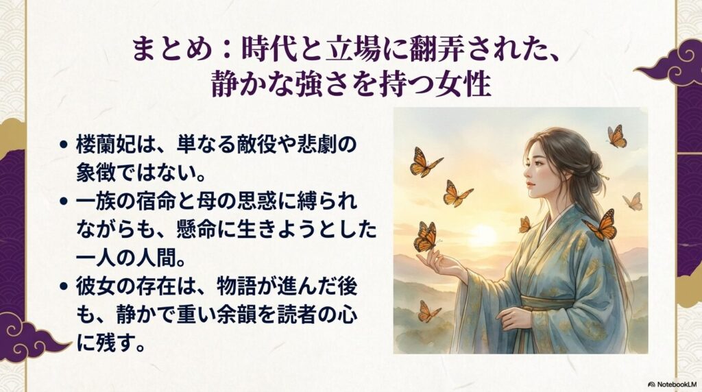 楼蘭妃の物語のまとめ。一族の宿命に縛られながらも懸命に生きた一人の人間としての評価