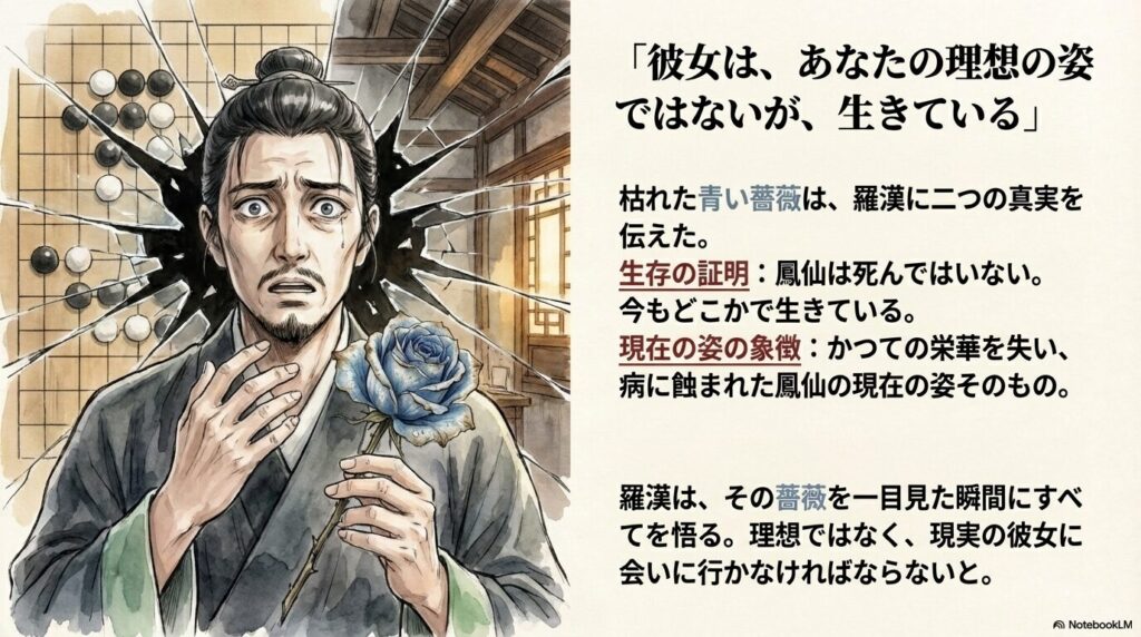 枯れた青い薔薇を手に、背後の碁盤が砕けるような衝撃を受け、涙を流しながら鳳仙の現状を悟る羅漢。