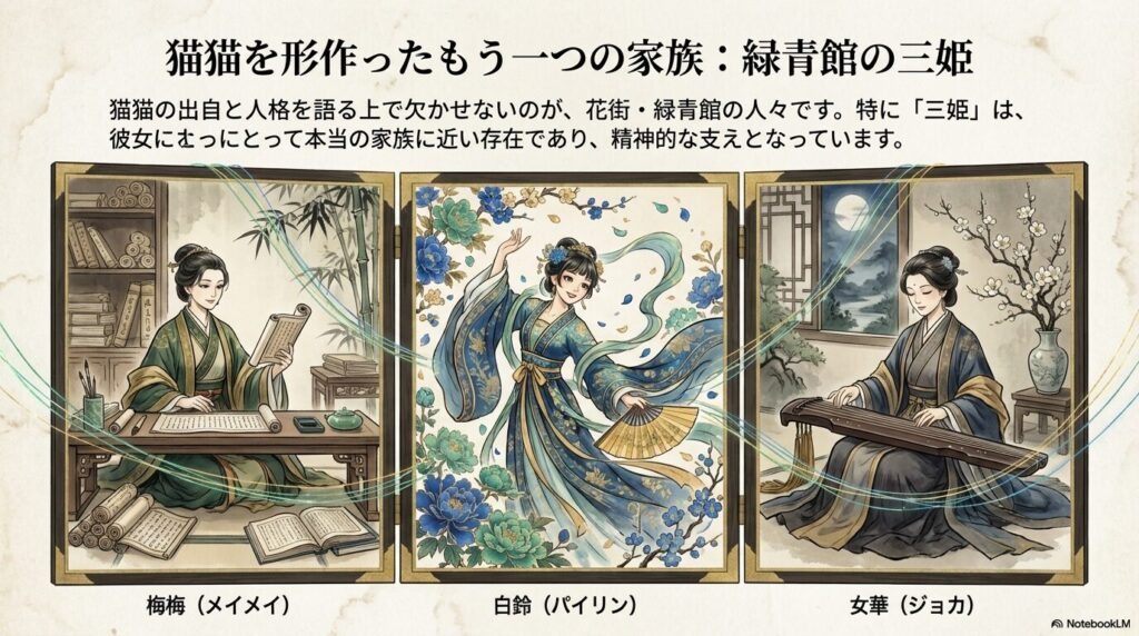 梅梅、白鈴、女華の三姫が芸事や読書に励むイラスト。彼女たちが猫猫の精神的支えであることを示す解説。