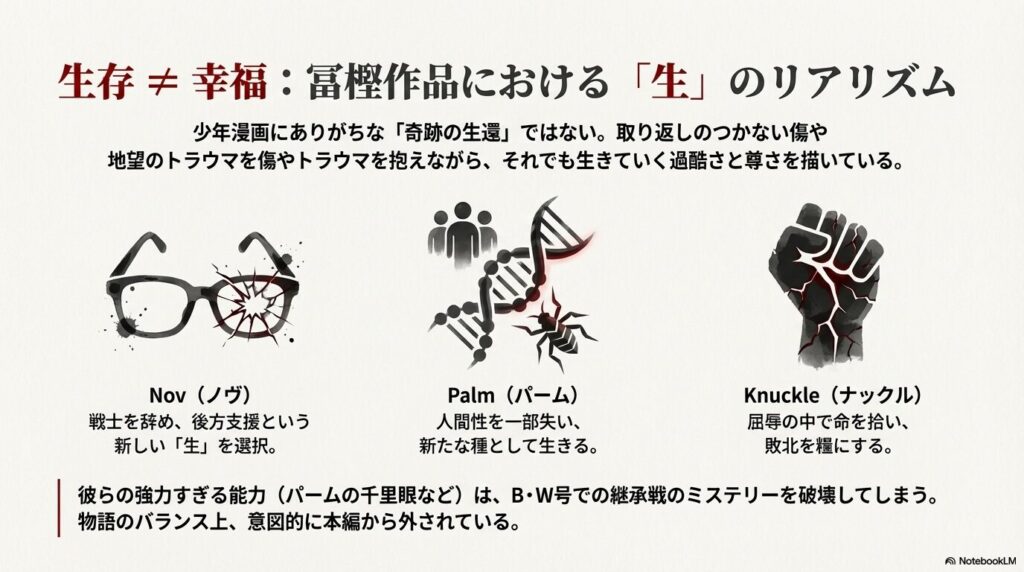 傷やトラウマを抱えながら生きる過酷さを描く作品性。強すぎる能力ゆえに、物語のバランス上あえて本編から外されているメタ的背景についての考察スライド 。