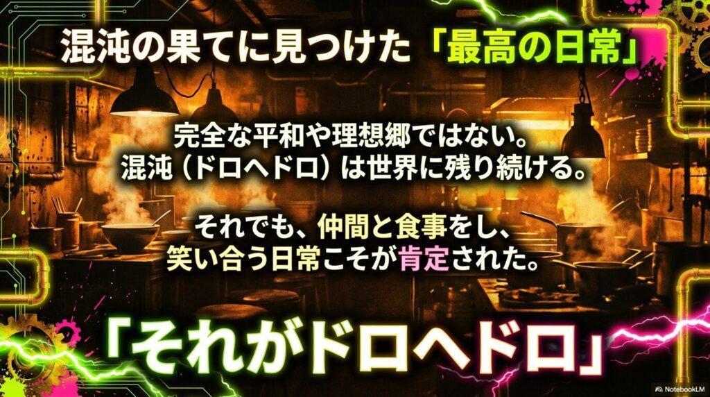 混沌（ドロヘドロ）は残り続けるが、仲間と食事をし笑い合う日常こそが「最高の日常」であると肯定された物語のテーマ。