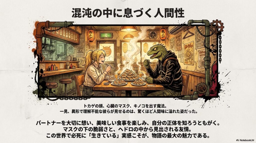 カイマンと二階堂がギョーザを囲む温かいシーンと共に、異形の中に宿る人間味や友情についてまとめた最終スライド。