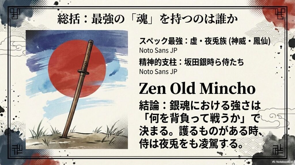 夕日を背景に突き立てられた木刀のイラストと共に、「銀魂における強さは『何を背負って戦うか』で決まる」という結論を記したスライド 。