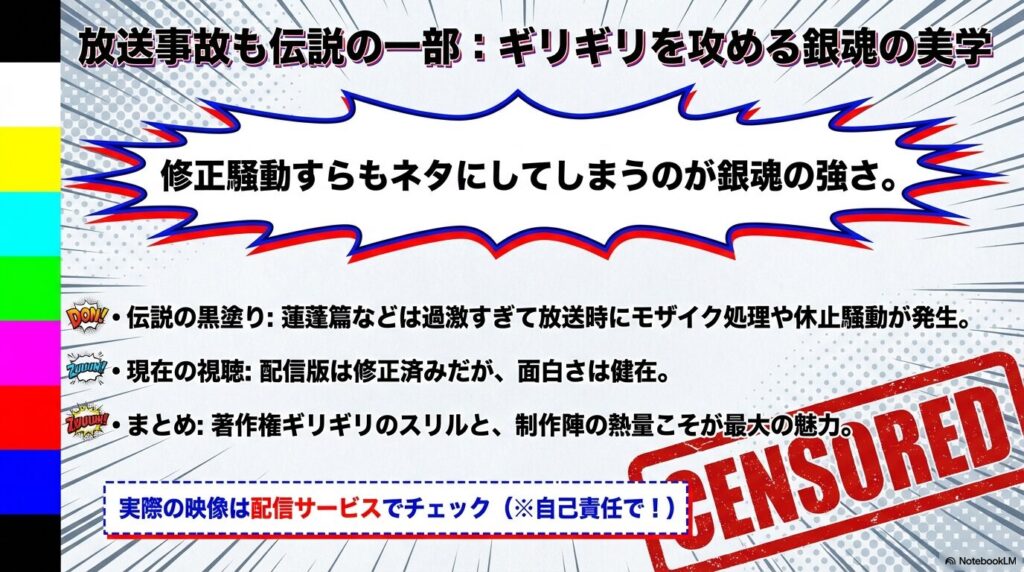 蓮蓬篇の放送休止騒動やモザイク処理、著作権ギリギリを攻める制作陣の熱量について解説したスライド。