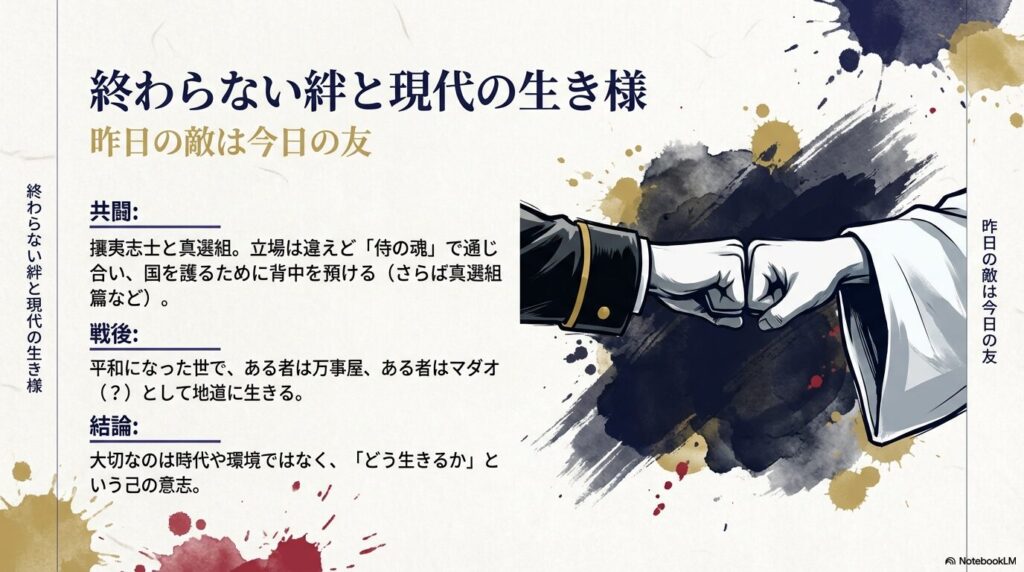 「昨日の敵は今日の友」を象徴する共闘シーンと、平和な時代におけるそれぞれの意志を解説したスライド。