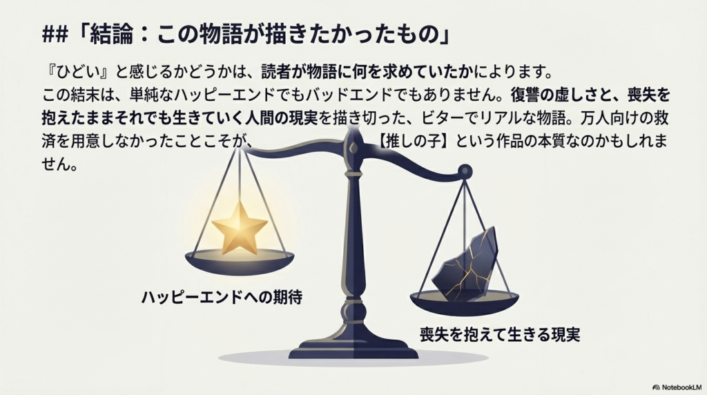 天秤のイラスト。片方には「ハッピーエンドへの期待（輝く星）」、もう片方には「喪失を抱えて生きる現実（割れた星）」が乗っている。この物語が描きたかったリアリティについてのスライド。