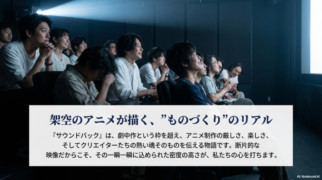 『サウンドバック』が劇中作の枠を超えて、アニメ制作の厳しさや楽しさ、クリエイターの魂を伝える物語であることを強調するメッセージスライド。