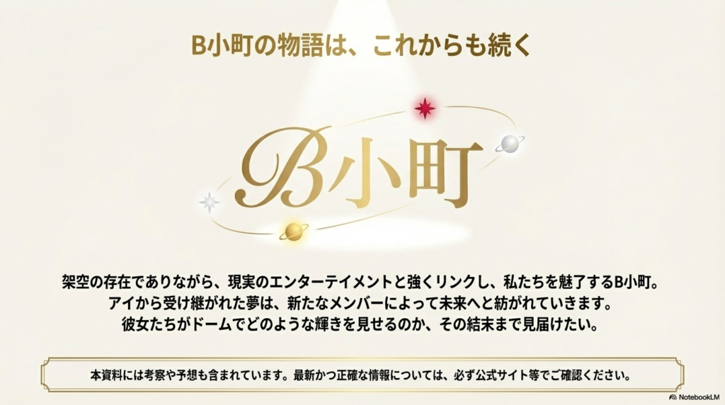 B小町のロゴと共に、アイから受け継がれた夢が未来へと紡がれていく結びのメッセージが書かれたスライド。