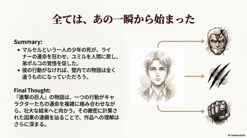 マルセルの死が多くの登場人物の運命を複雑に絡み合わせた因果の連鎖と、物語全体の総括を記したスライド。