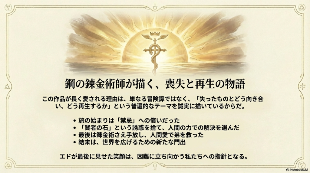作品全体のテーマである「失ったものとの向き合い方と再生」をまとめたスライド
