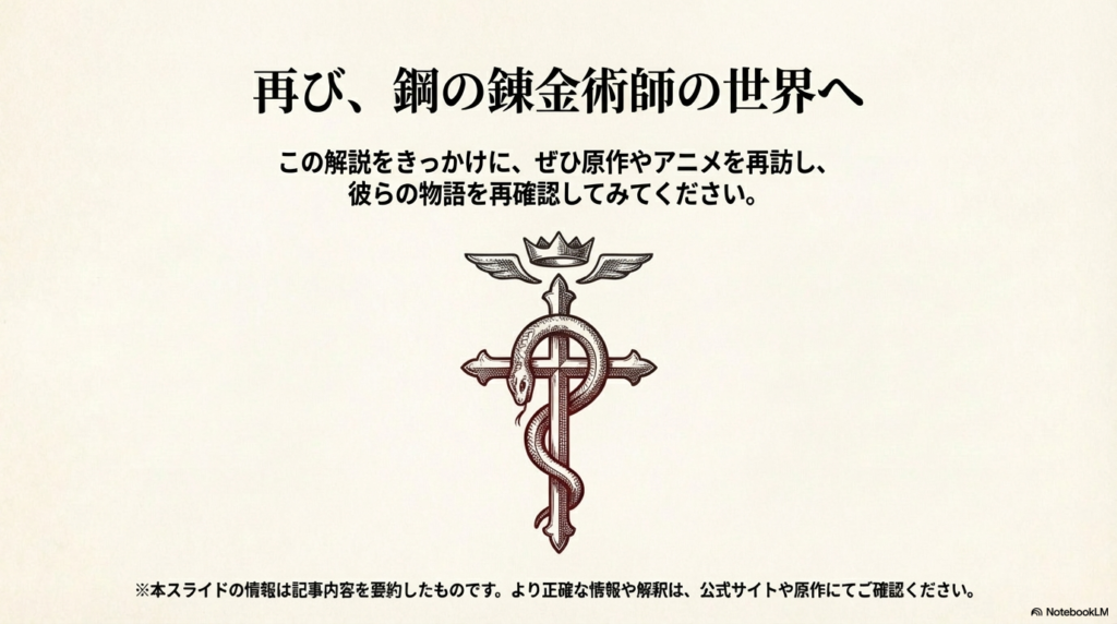 十字架に絡みつく蛇の紋章とともに、原作やアニメの再訪を促すクロージングスライド。