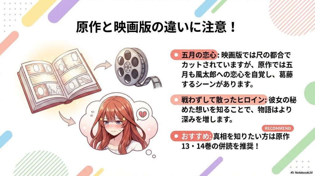 映画版では描かれなかった五月の恋心と葛藤、原作読破の推奨を伝えるスライド。