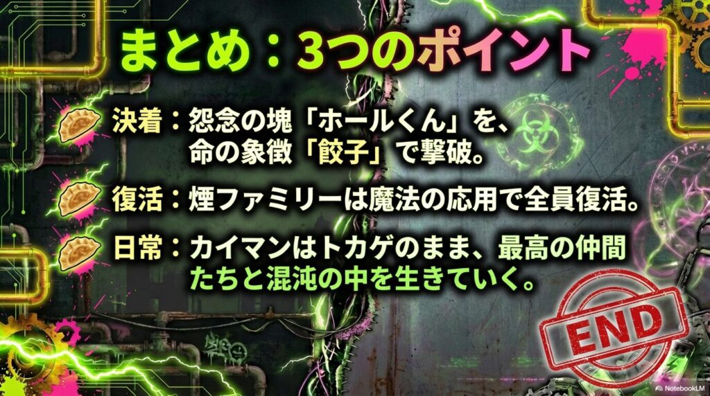 ホールくんを餃子で撃破、煙ファミリー復活、カイマンはトカゲのまま日常を生きるという3大ポイントをまとめた最終スライド。