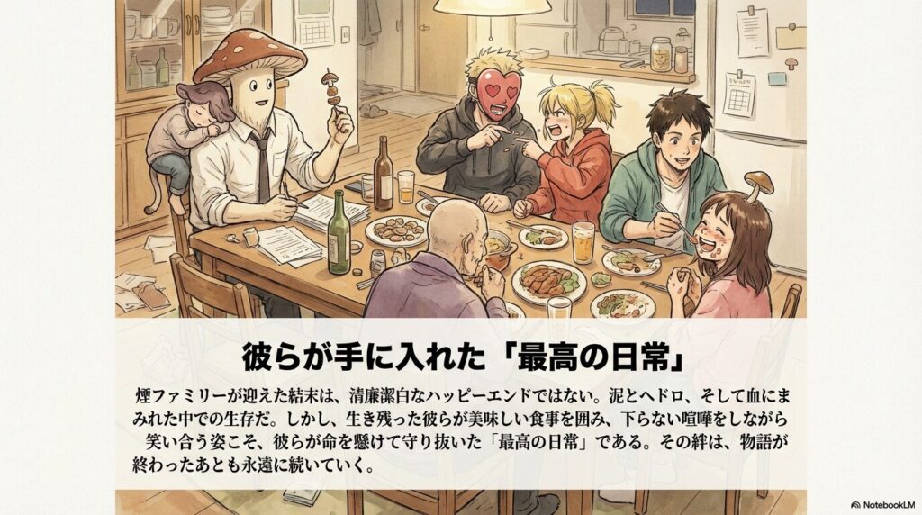 現代的な家庭の食卓で、キノコの被り物をした煙や喧嘩する心と能井など、騒がしくも平和な日常を過ごすファミリー。