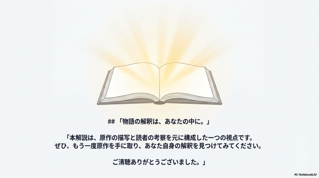 開かれた本から光が溢れているイラスト。「物語の解釈は、あなたの中に。」というメッセージと、ご清聴ありがとうございましたの結びの言葉。