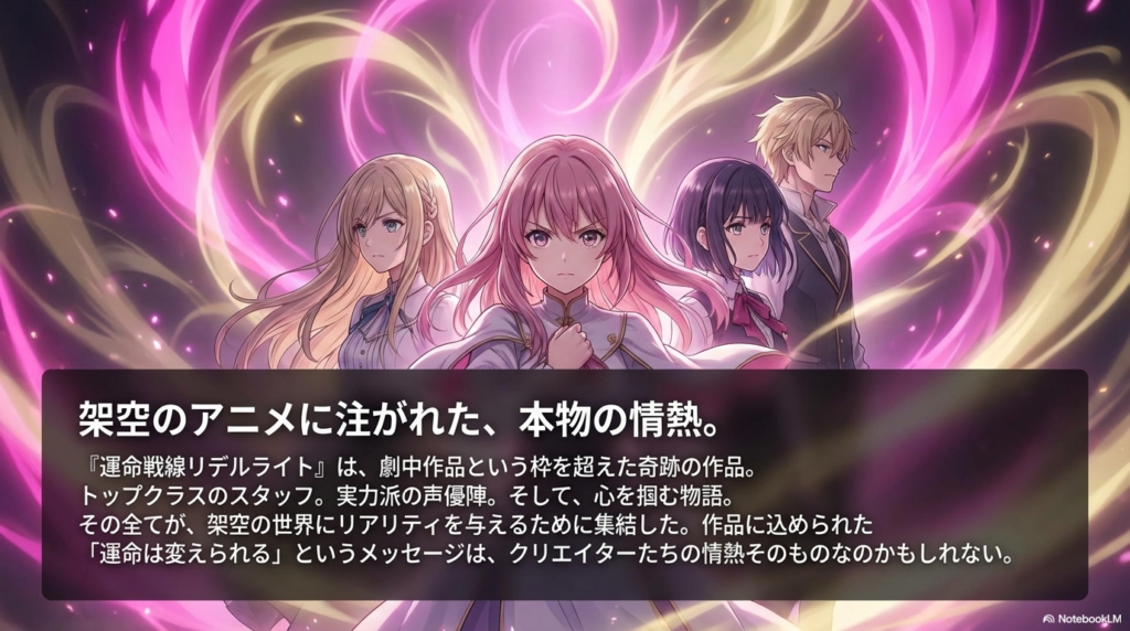 『運命戦線リデルライト』という作品が、劇中の枠を超えた奇跡の作品であることを示すまとめのスライド。