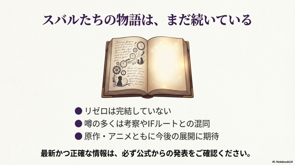 リゼロは完結していないこと、噂の多くは混同によるものであること、公式情報の確認が重要であることをまとめた、開いた本のイラスト入りのスライド。