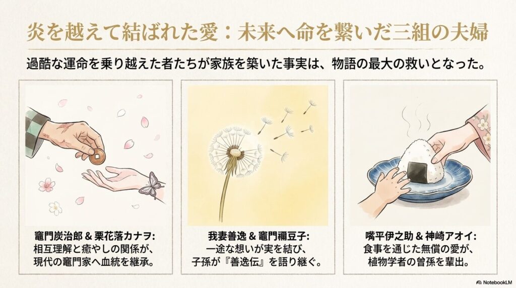 炭治郎からカナヲへ銅貨を渡す手、タンポポ、おにぎりを差し出す手の3つのイラスト。炭治郎・カナヲ、善逸・禰豆子、伊之助・アオイの三組の関係性と未来への継承を解説。