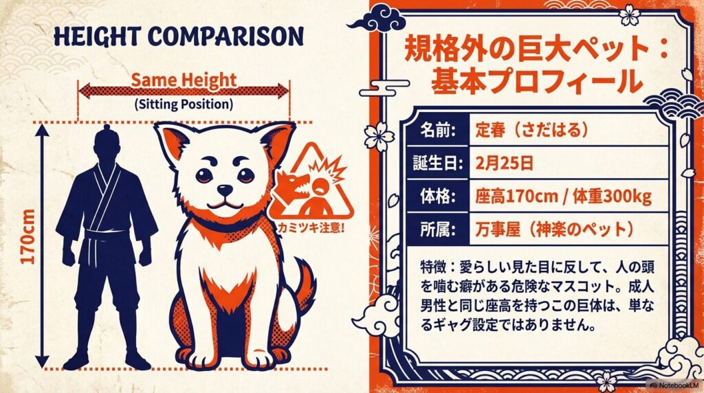 成人男性（170cm）の身長と、定春の座高がほぼ同じであることを示す比較イラストと、体重300kgなどの基本プロフィール。